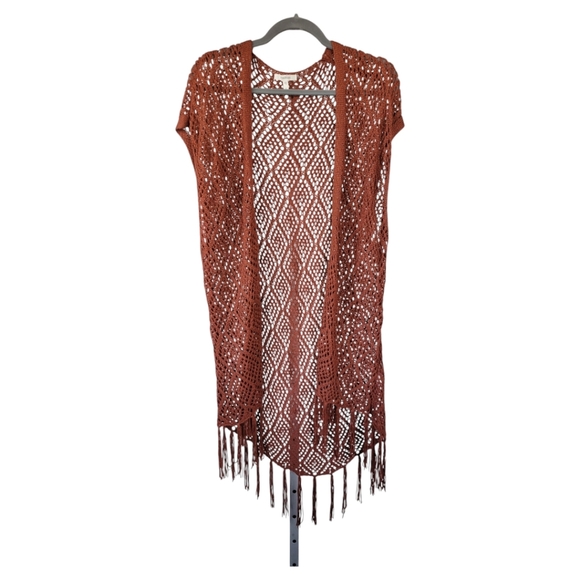Maurices S Fringe Crochet Knit Duster Boho Gypsy Cardigan Vest Rust Orange - Picture 3 of 12